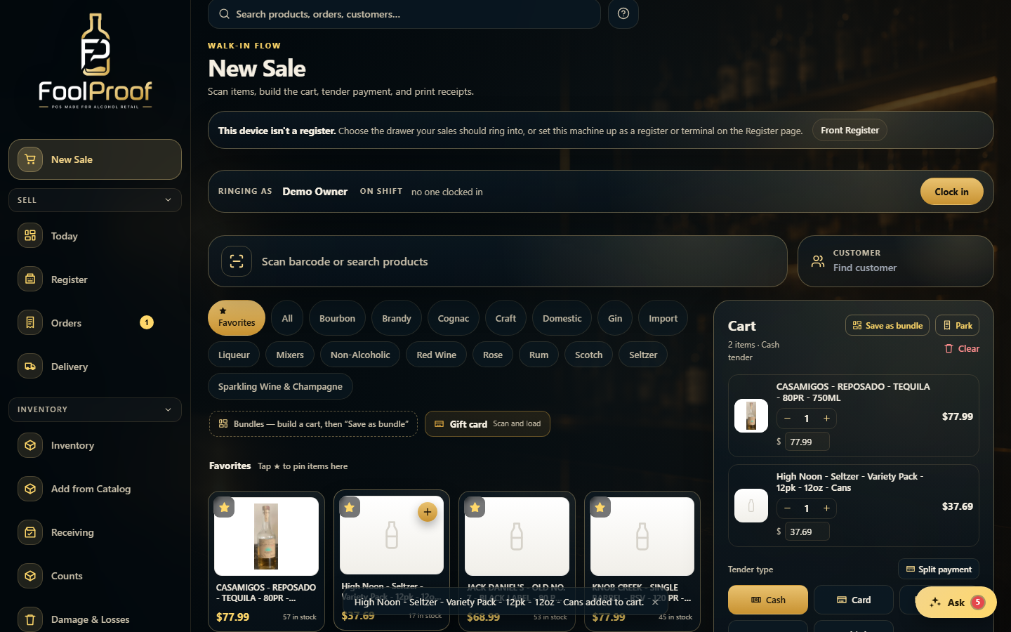 The New Sale register with two products in the cart on the right.