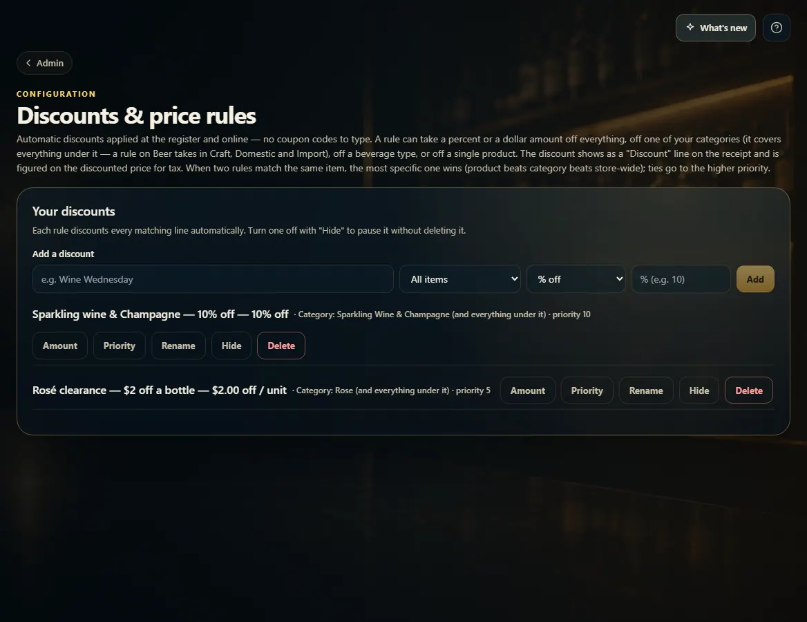 Admin → Discounts with the name, scope, kind and amount fields and the Add button.