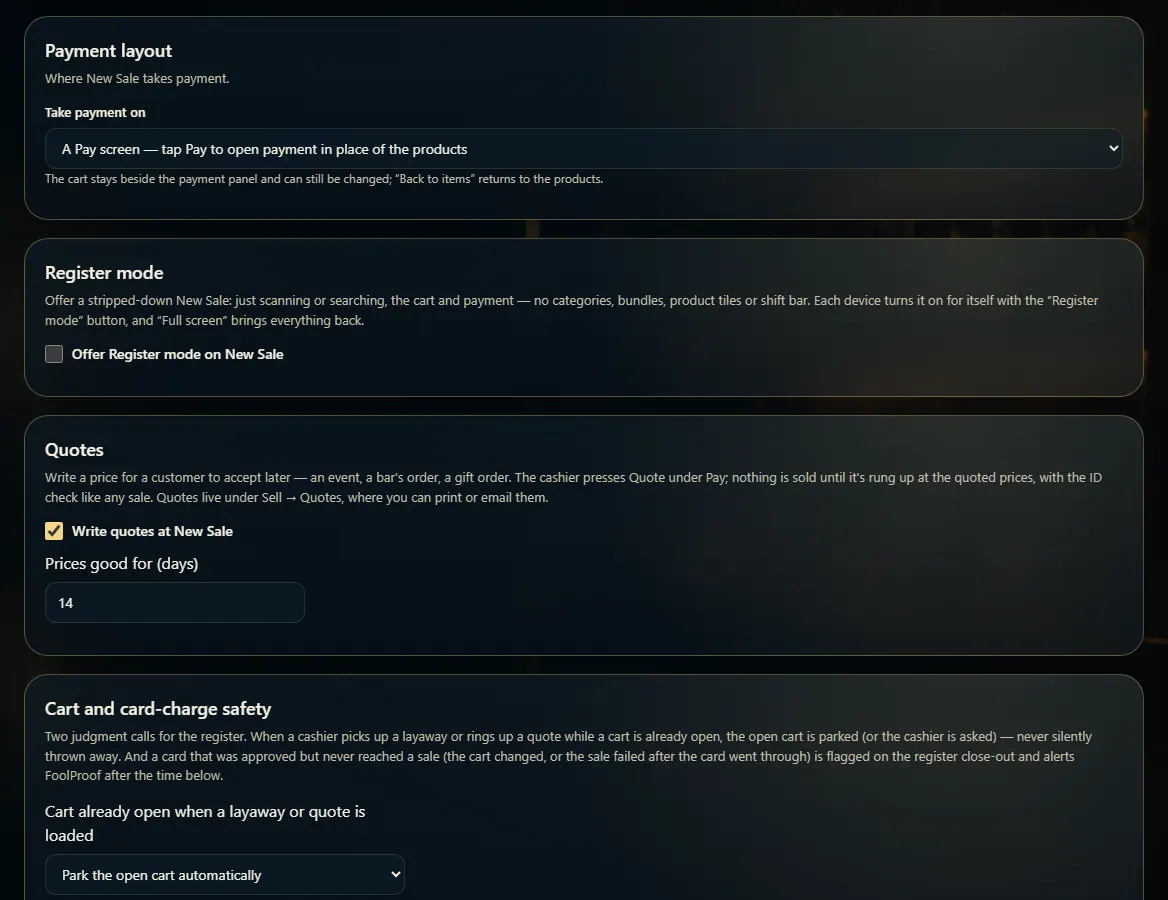 Admin → New Sale settings with the Register mode switch.