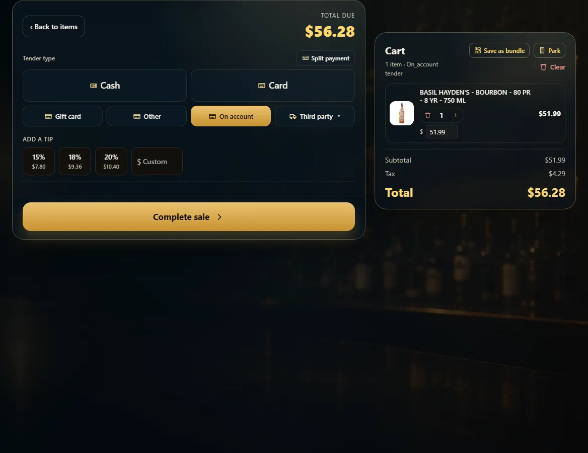The payment panel with On account picked.
