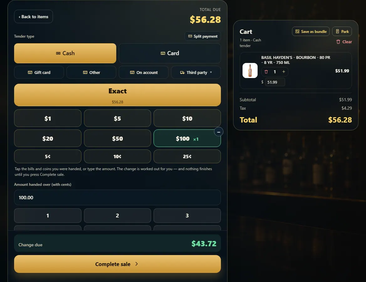 The payment panel with Cash picked, a $50 bill tapped and the change due.