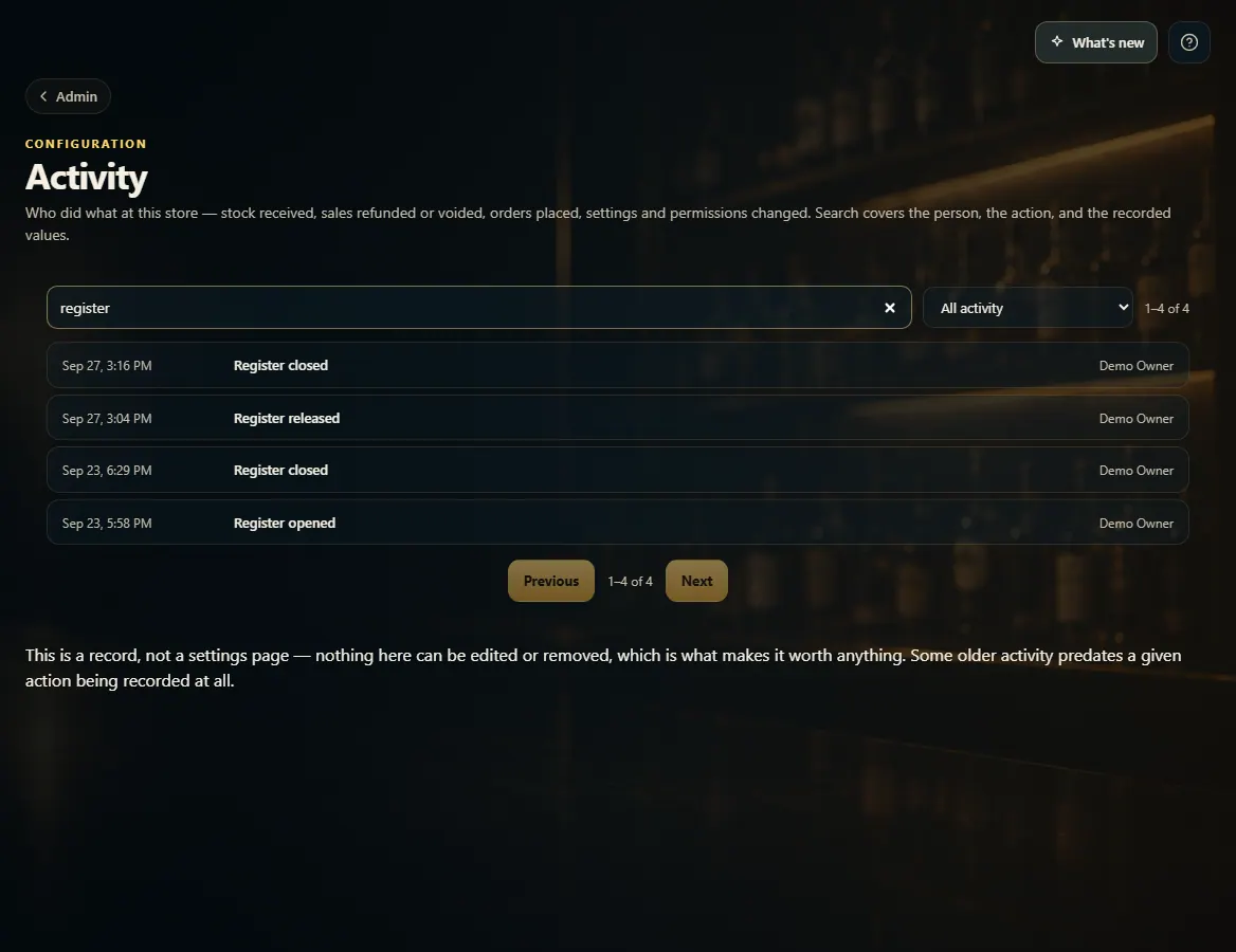 The Activity page searched for 'register', showing register opened and closed rows.