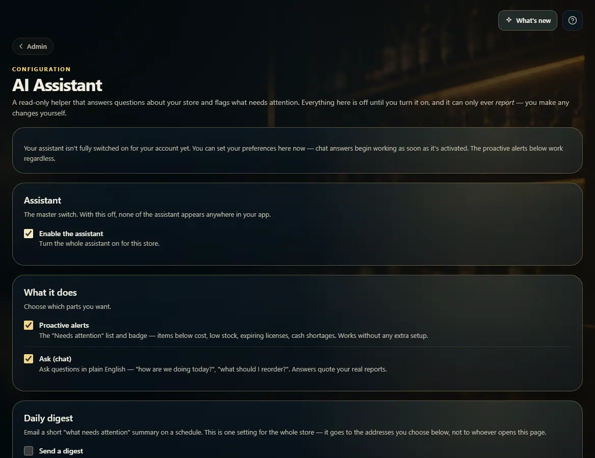 AI Assistant settings with Enable the assistant ticked and the What it does card.