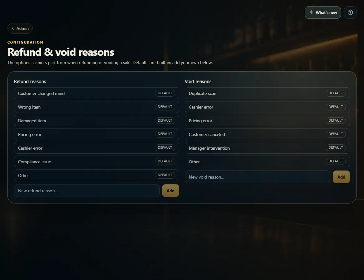Refund reasons and Void reasons lists, each with a box to add a new one.