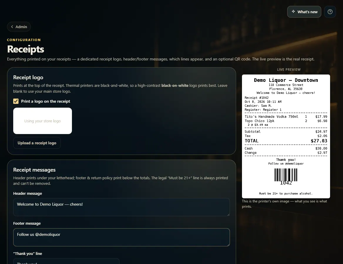 The Receipts page with header and footer messages and the live receipt preview.