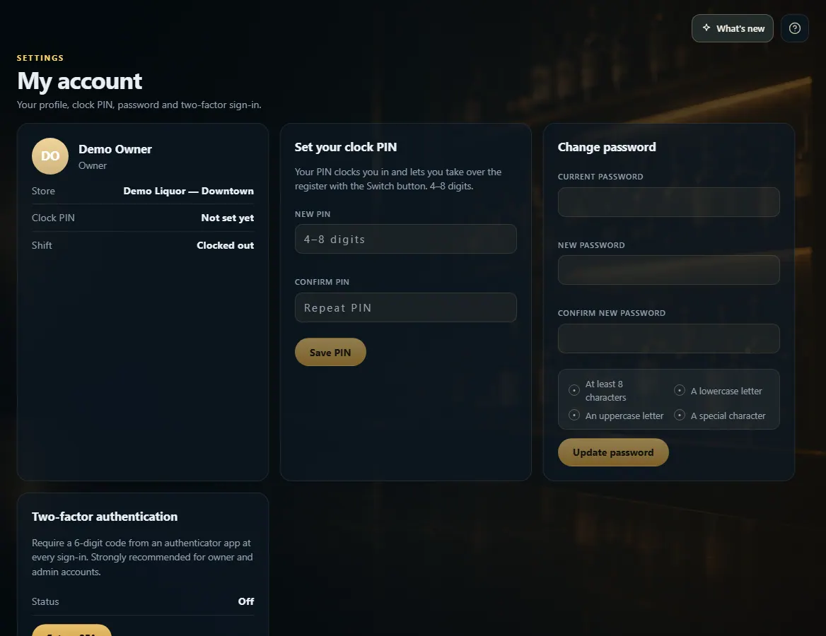 My account with the profile card, the clock PIN card and the Change password card.