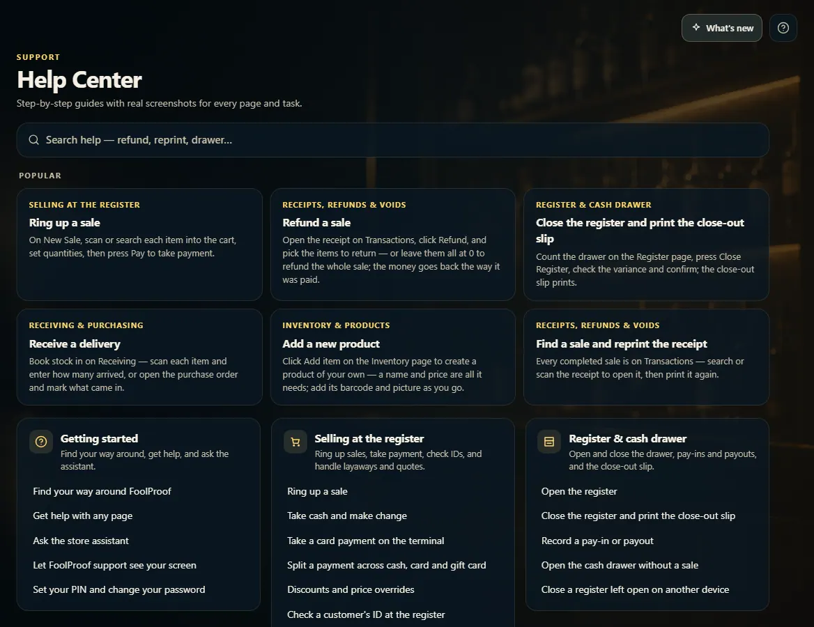 The Help Center with its search box, and the What's new and ? buttons at the top right.
