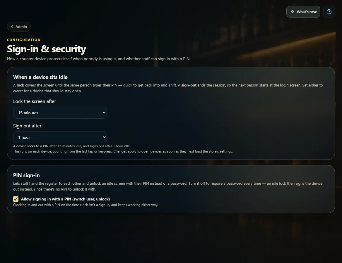 The Sign-in & security settings: lock and sign-out timers and the PIN sign-in switch.