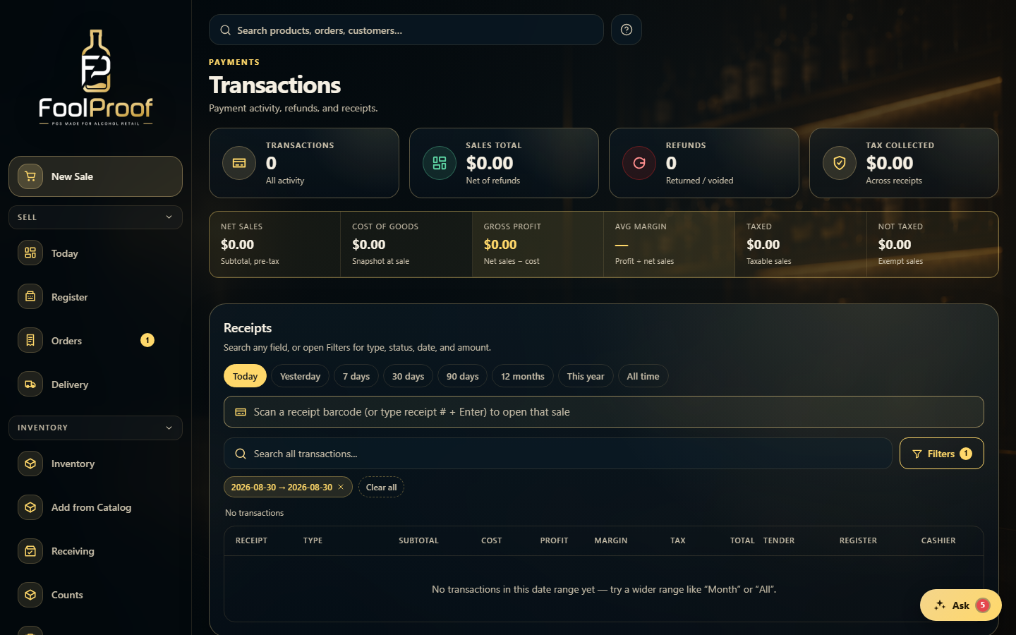 The Transactions page: date-range pills and the scan/search bar.