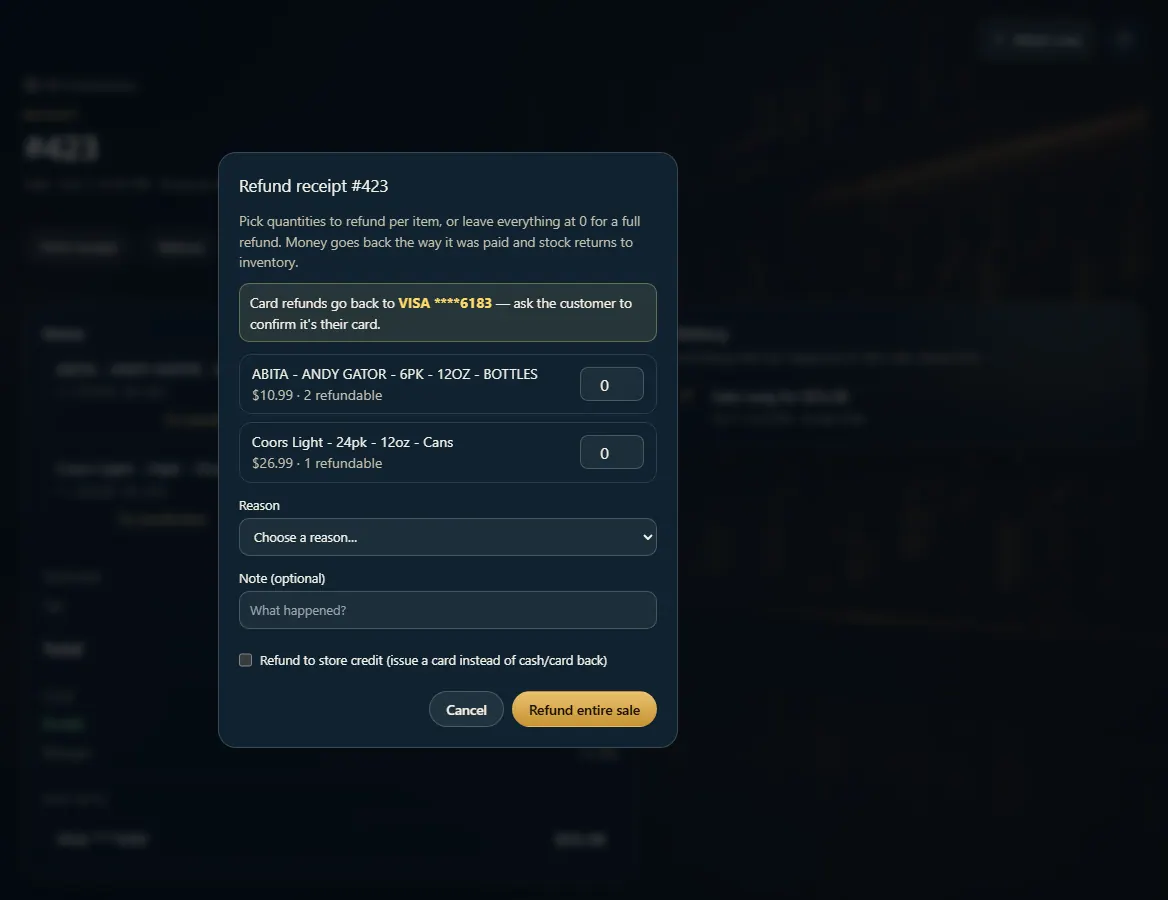 The Refund dialog with a quantity box per item, the card it refunds to, a reason, and the store credit option.