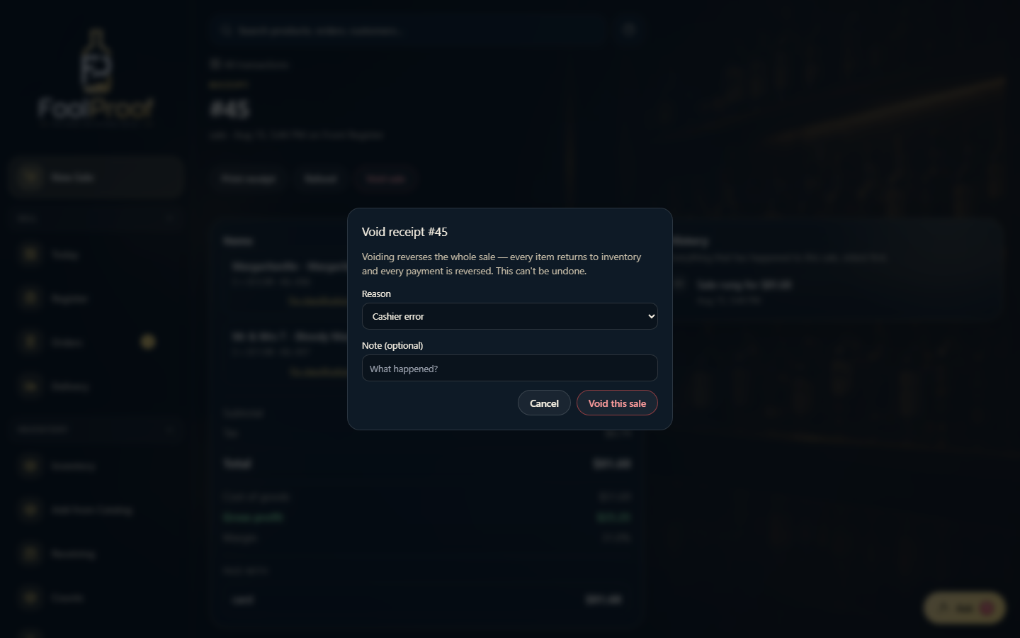 The Void dialog with a reason field and a Void this sale button.