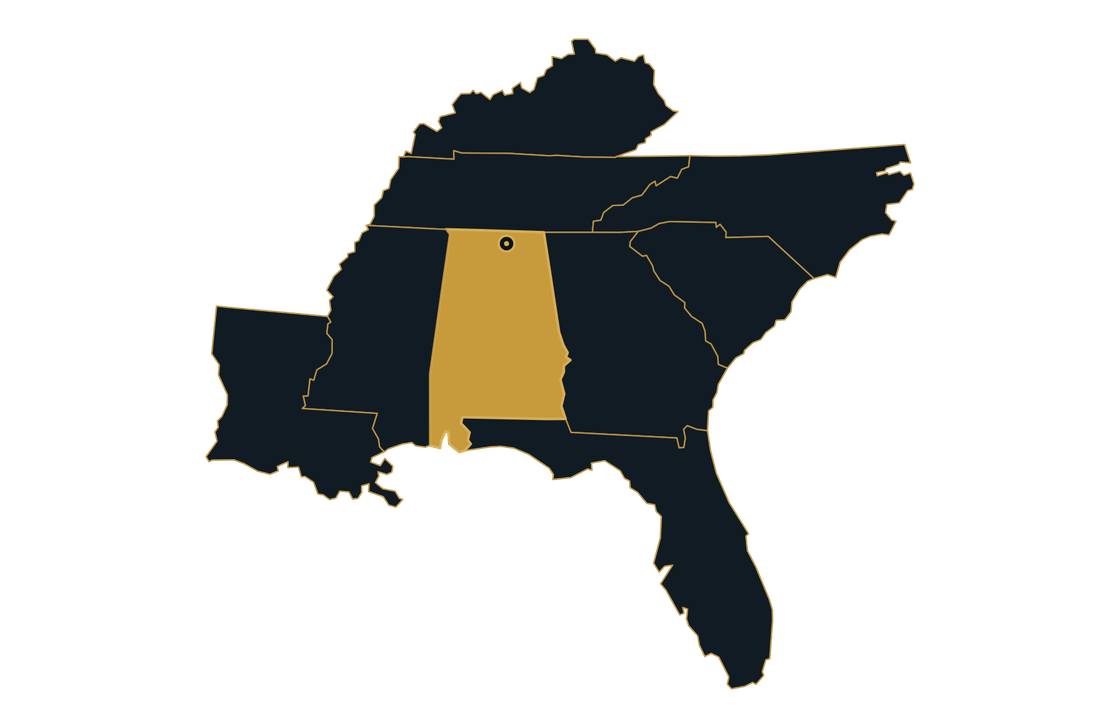 The Southeast United States with Alabama highlighted in gold — live in Alabama, expanding across the region